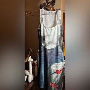 Graphic Denim Print Sleeveless Dress - White, Black, Blue